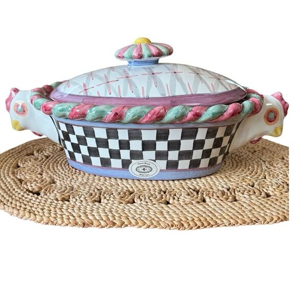 Mackenzie Childs Piccadilly Chicken 1 Qt Oval Covered Casserole Dish Retired 97 - Picture 1 of 16